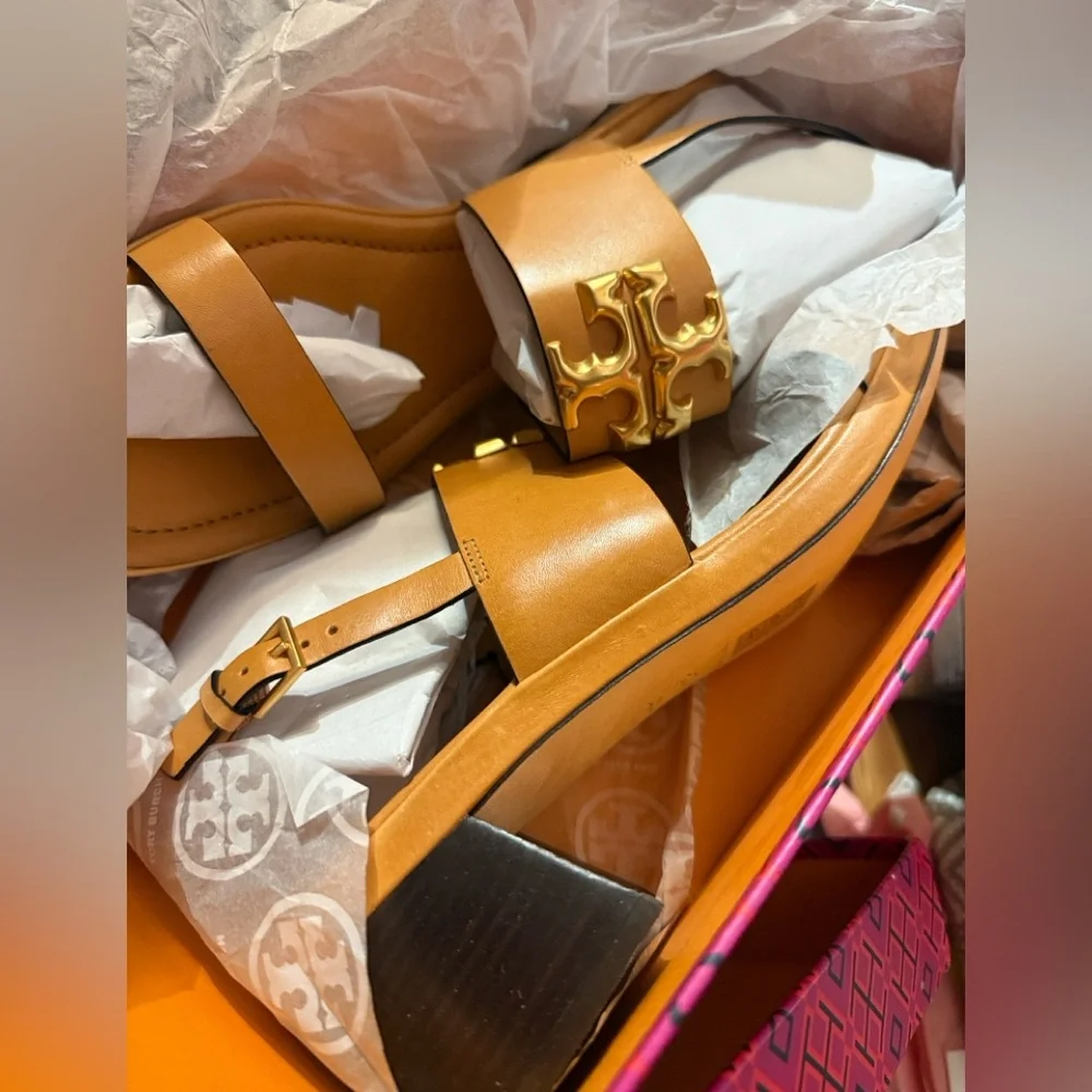 New in box Tory Burch ELEANOR HEEL SANDAL 55MM LEATHER size 11 BRANDY / GOLD 200
